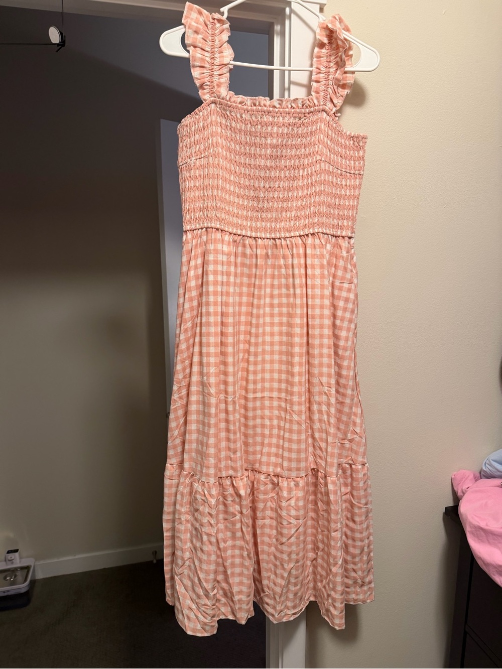 Smocked Gingham Maxi Dress in Peach